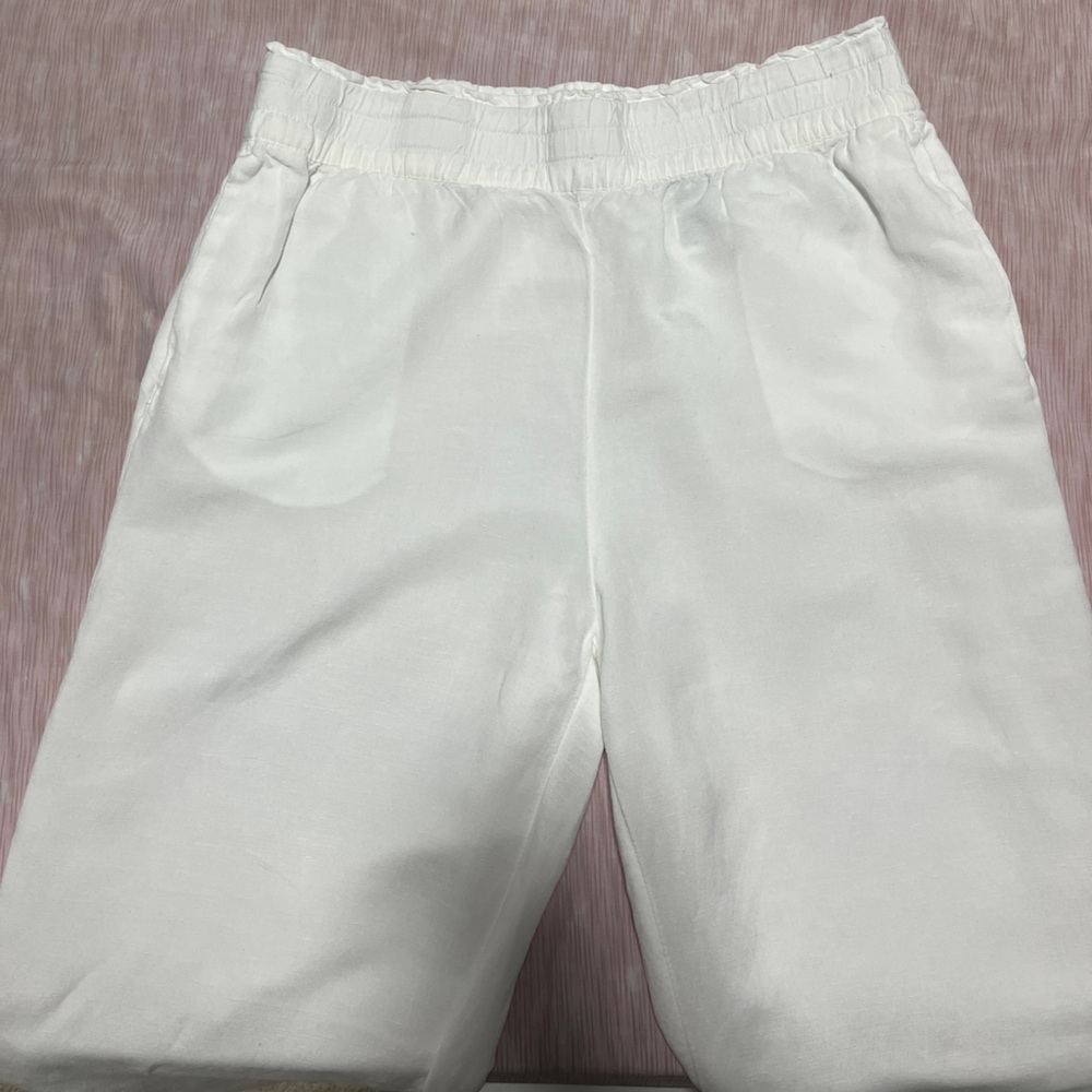H&M White Linen-Blend Elastic Waist Wide Leg Pants